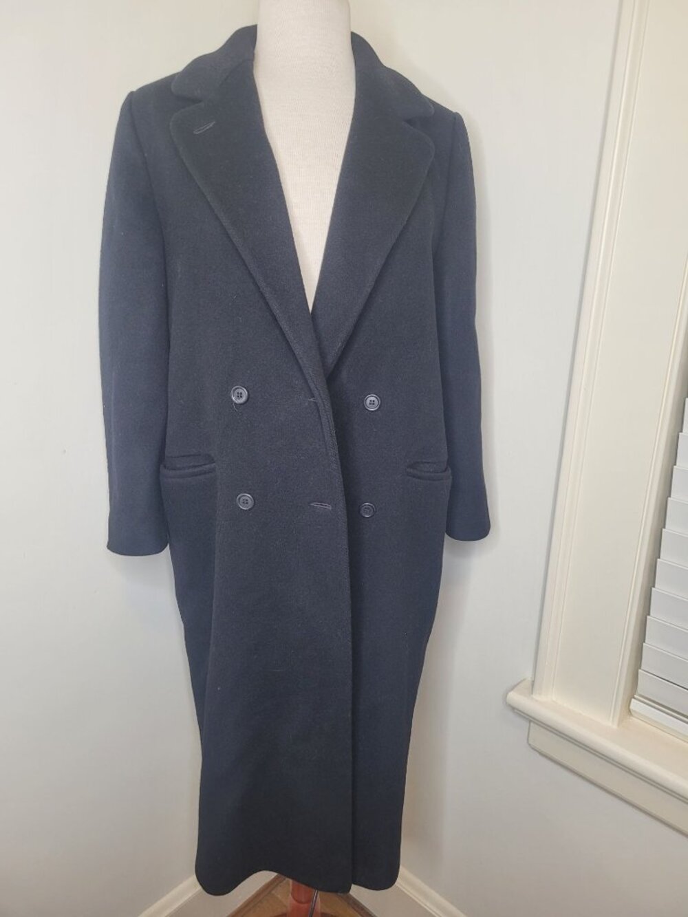 VTG J. Hook Womens Double-Breasted Wool Overcoat Satin Lining Navy Blue M L